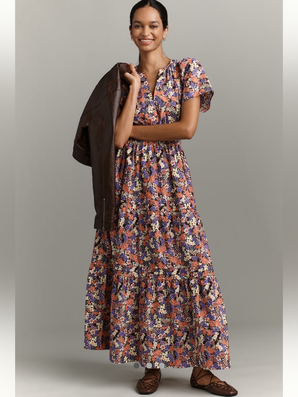 Anthropologie Somerset Maxi Dress, Cotton Purple Floral Flowers Sleeves Pockets